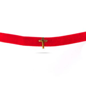 Choker srebrny pozłacany, regulowany aksamitka z krzyżykiem 925
