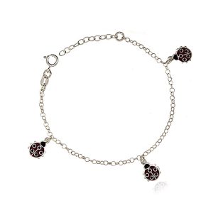 Bransoletka srebrna dziecięca - trzy biedronki 925